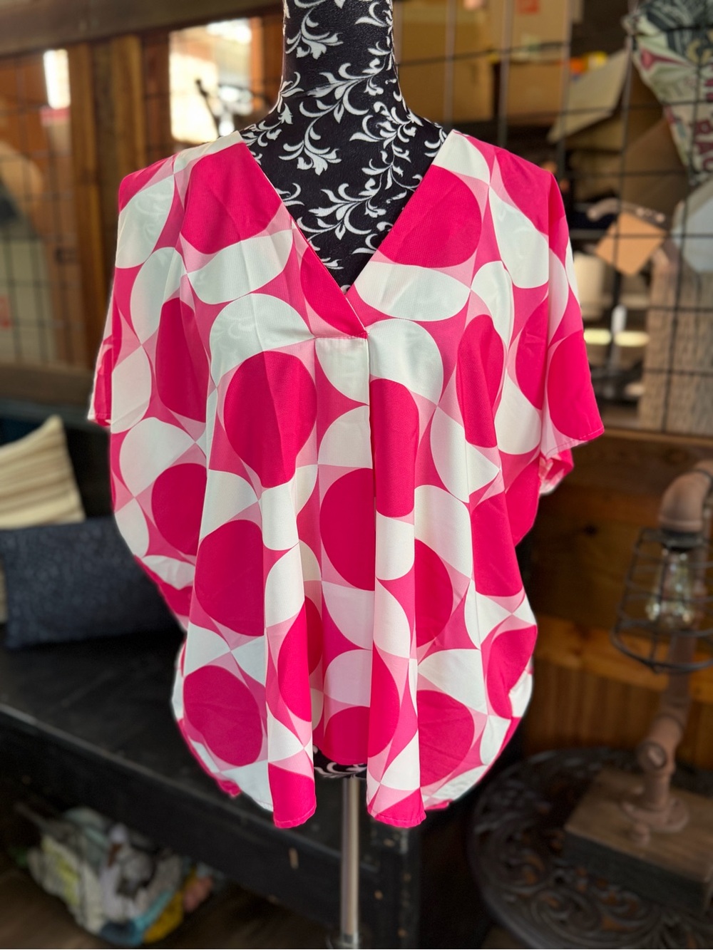 Ces Femme Hot Pink and White Geometric V-Neck Blouse